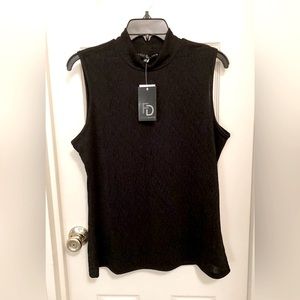 BLACK SLEEVELESS PULL OVER BLOUSE , SHEER FABIC WITH TEXTURE